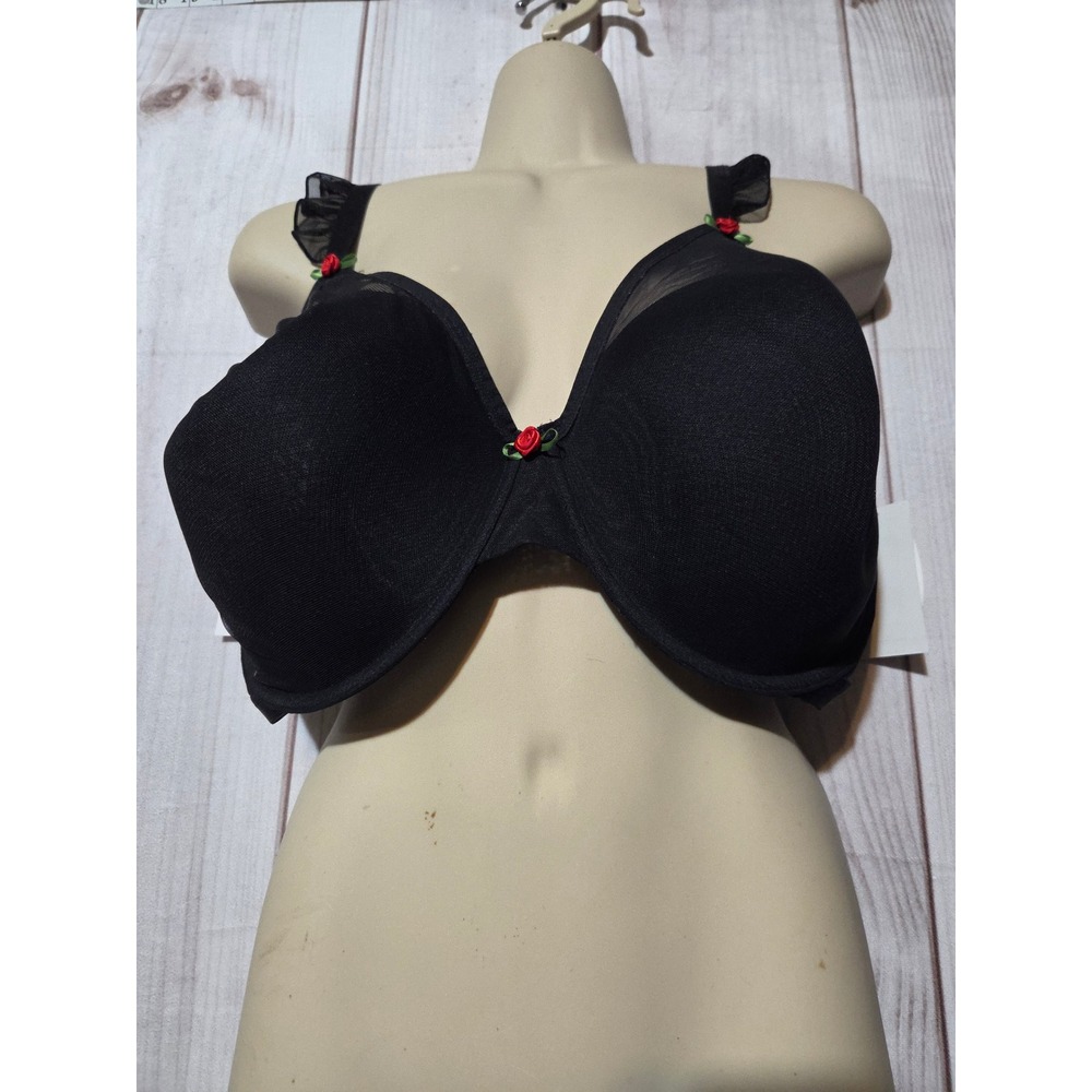 Parade Silky Mesh Underwire Bra Black Red Rose Ruffle Strap PR142T Size 2XL+